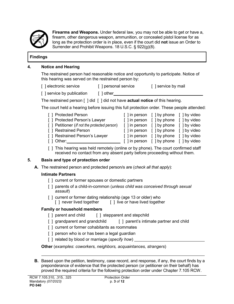Form PO040 Protection Order - Washington, Page 3