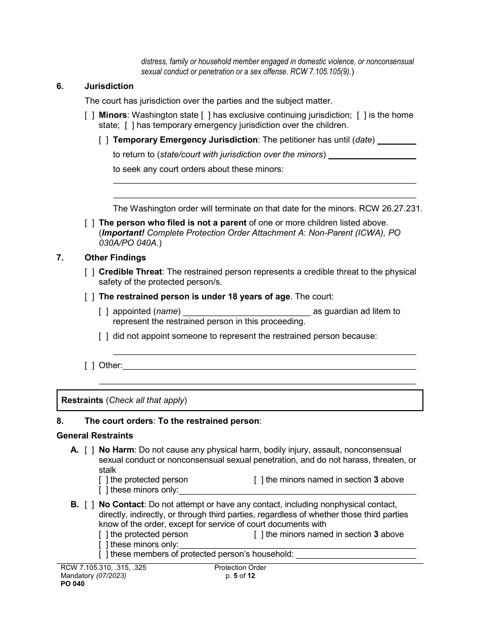 Form PO040 Protection Order - Washington, Page 5