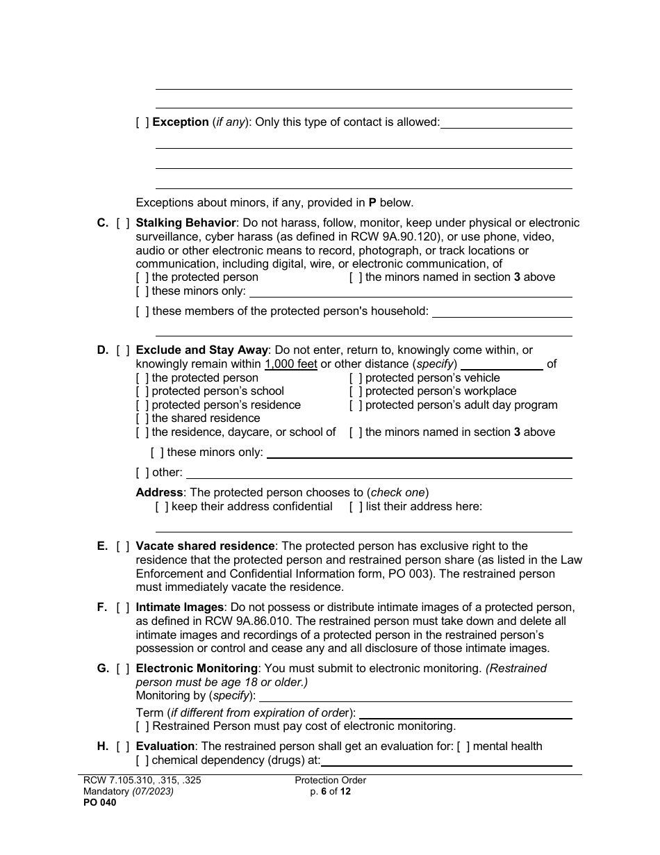 Form PO040 Protection Order - Washington, Page 6