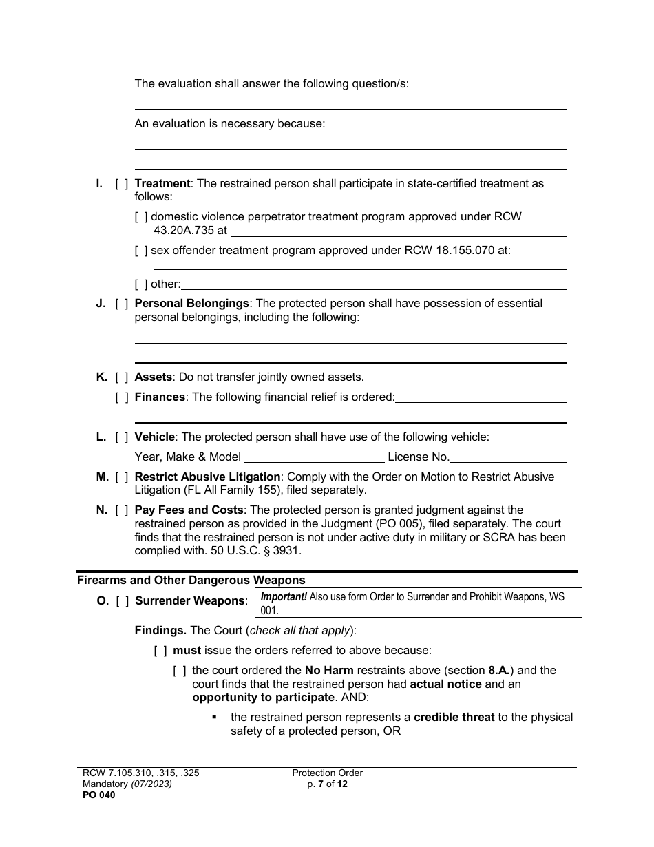 Form PO040 Protection Order - Washington, Page 7