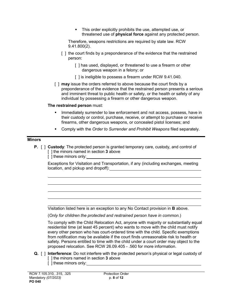 Form PO040 Protection Order - Washington, Page 8