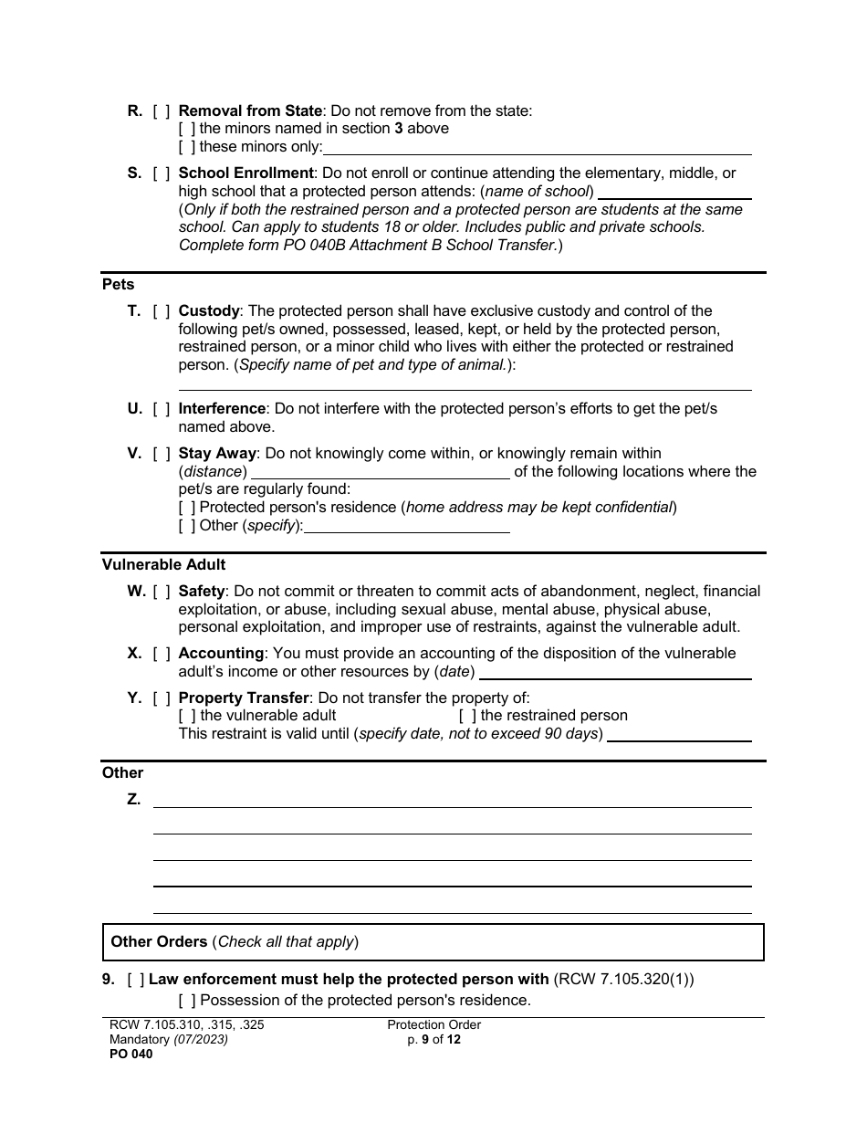 Form PO040 Protection Order - Washington, Page 9