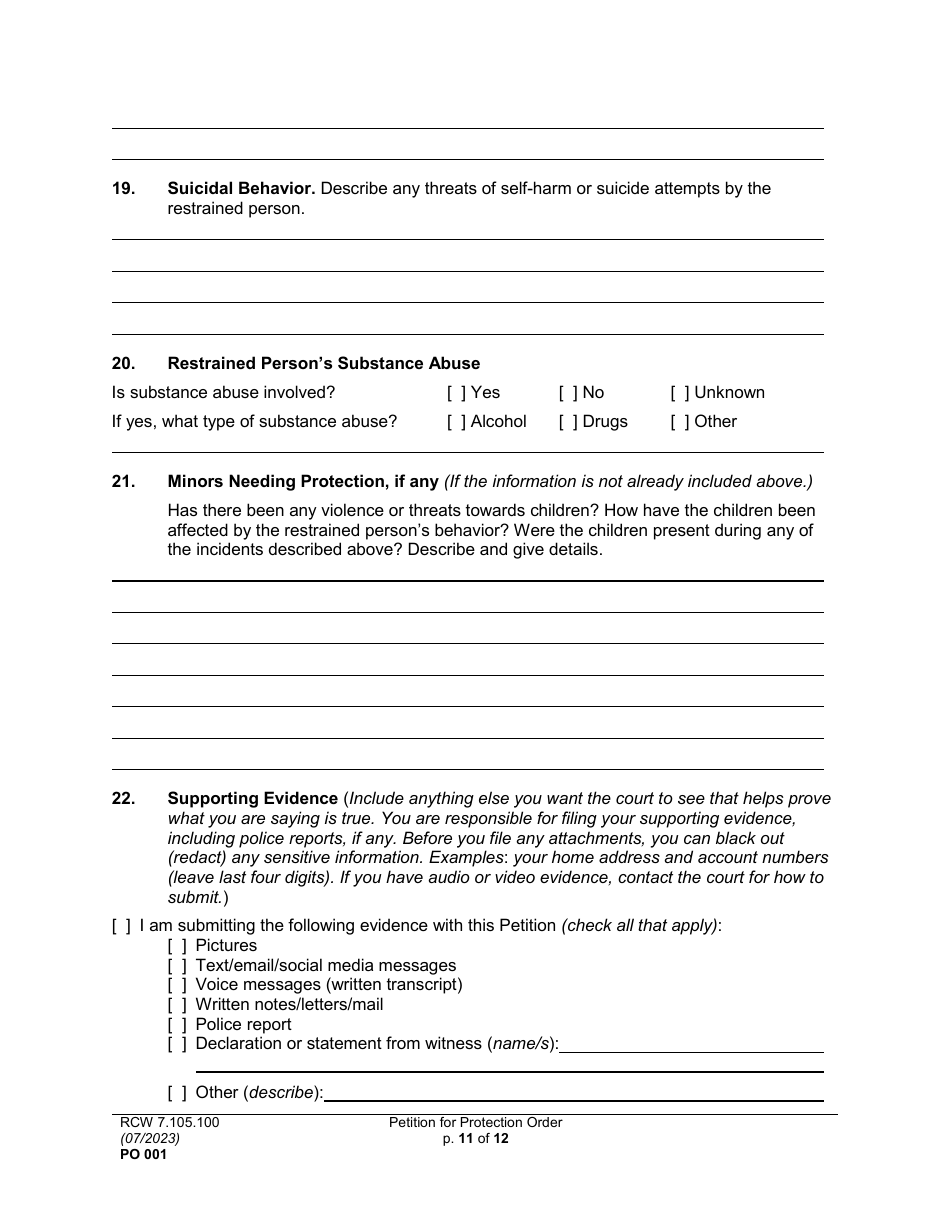 Form PO001 Petition for Protection Order - Washington, Page 11