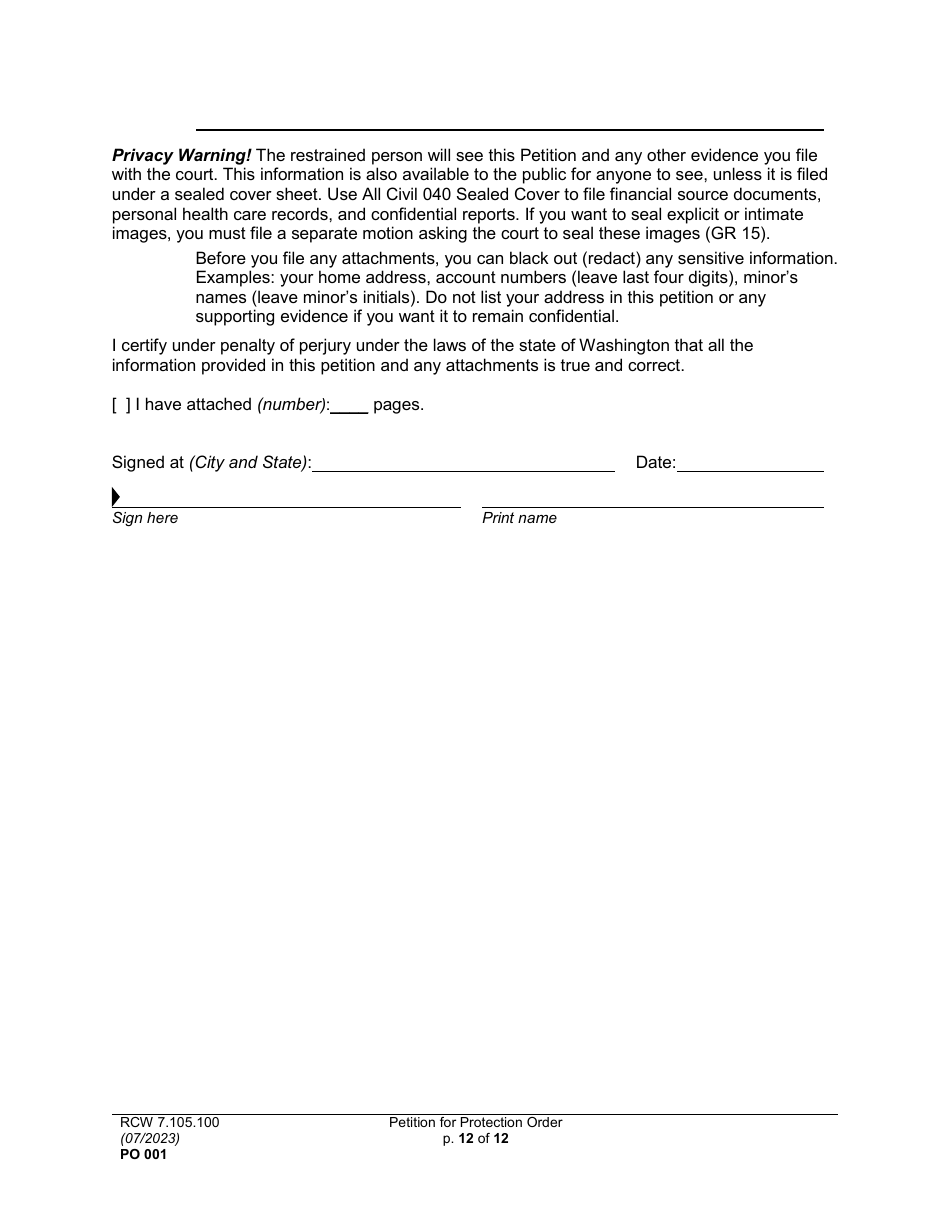 Form PO001 Petition for Protection Order - Washington, Page 12