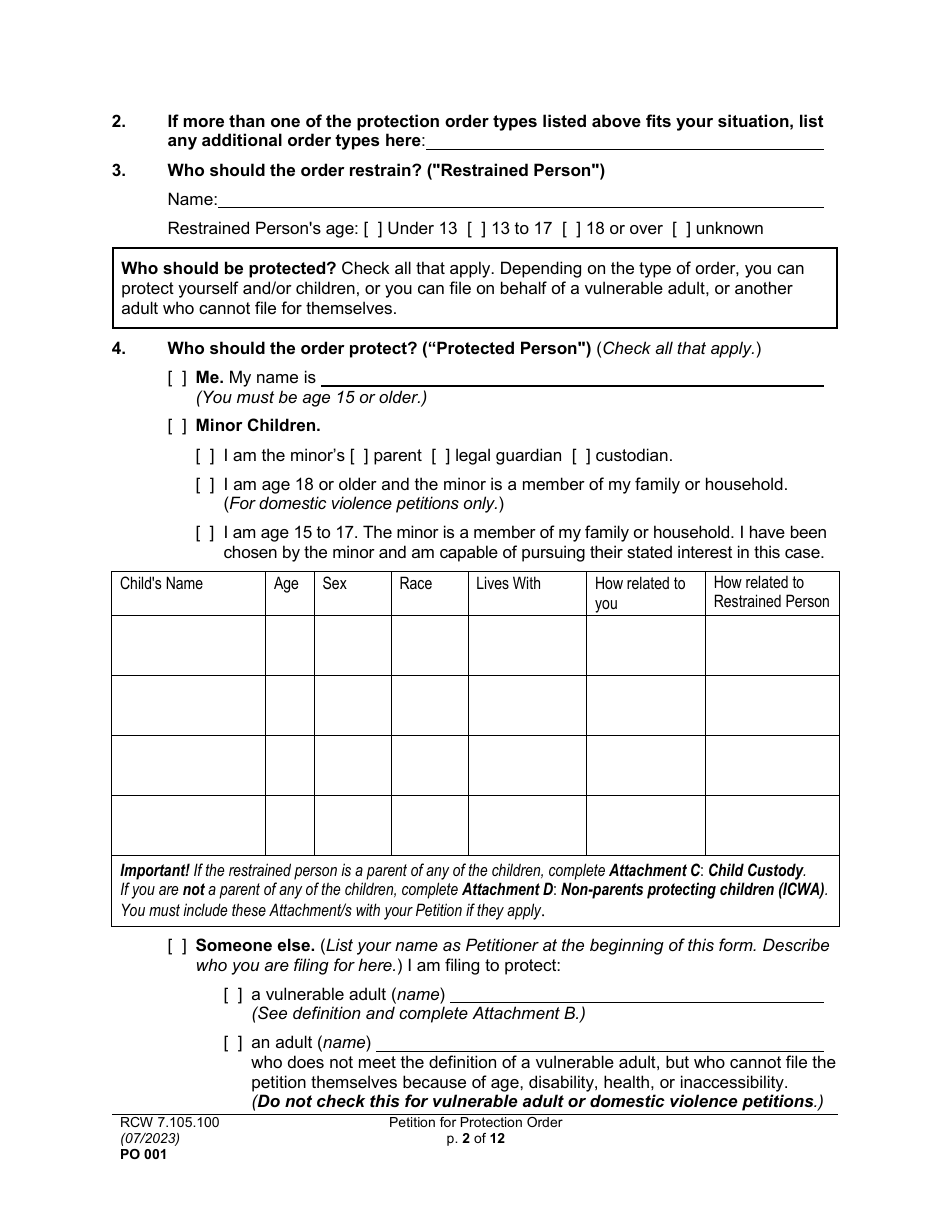 Form PO001 Petition for Protection Order - Washington, Page 2