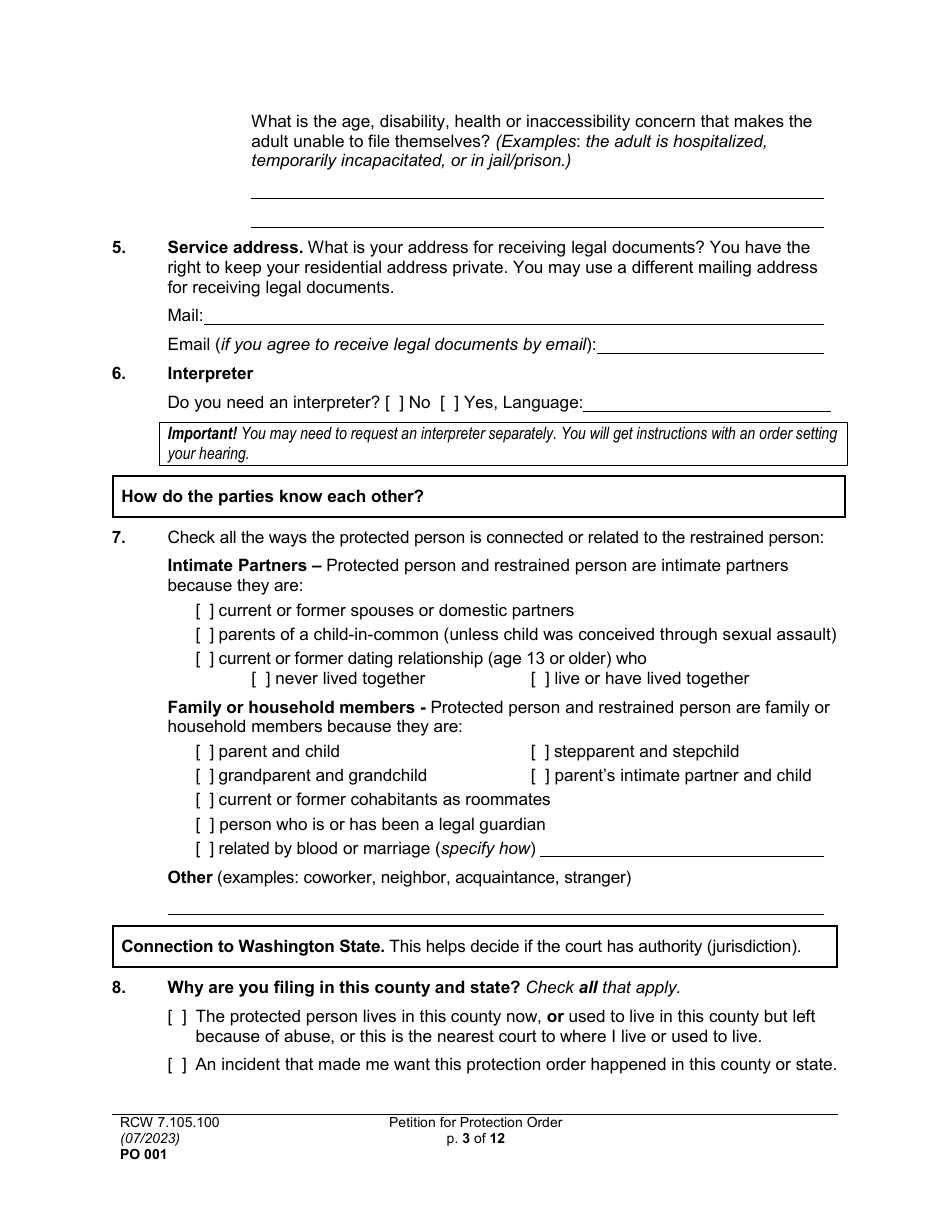 Form PO001 Petition for Protection Order - Washington, Page 3