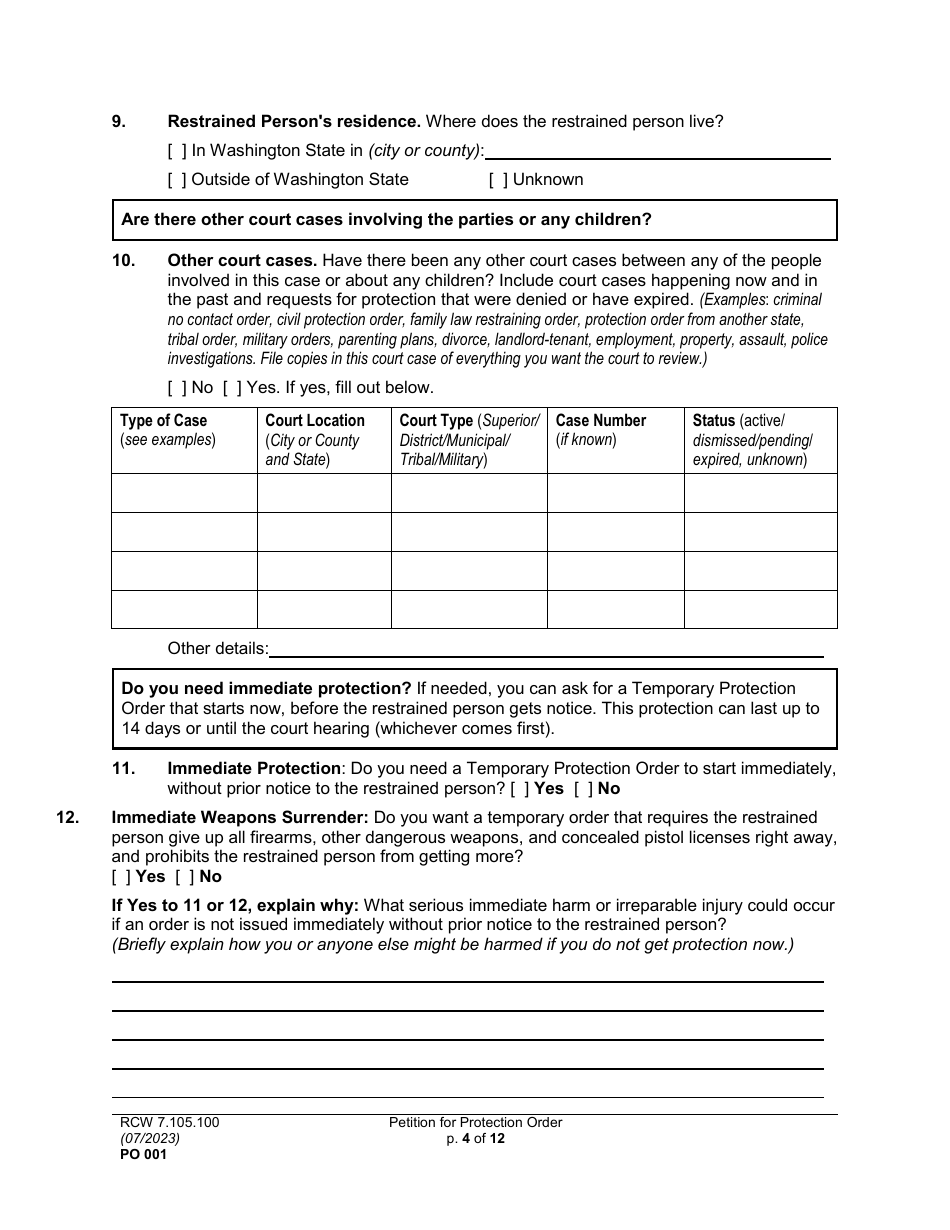 Form PO001 Petition for Protection Order - Washington, Page 4