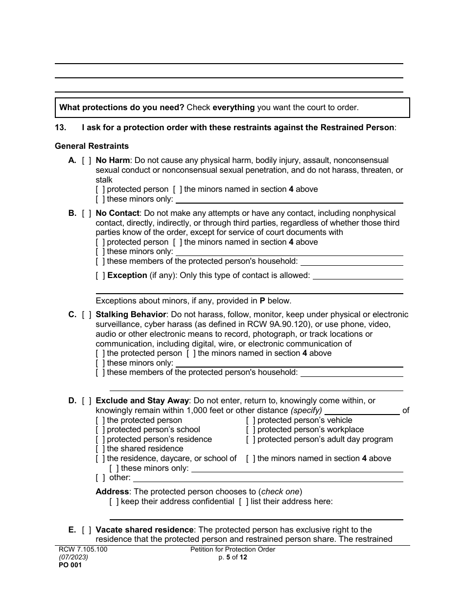 Form PO001 Petition for Protection Order - Washington, Page 5