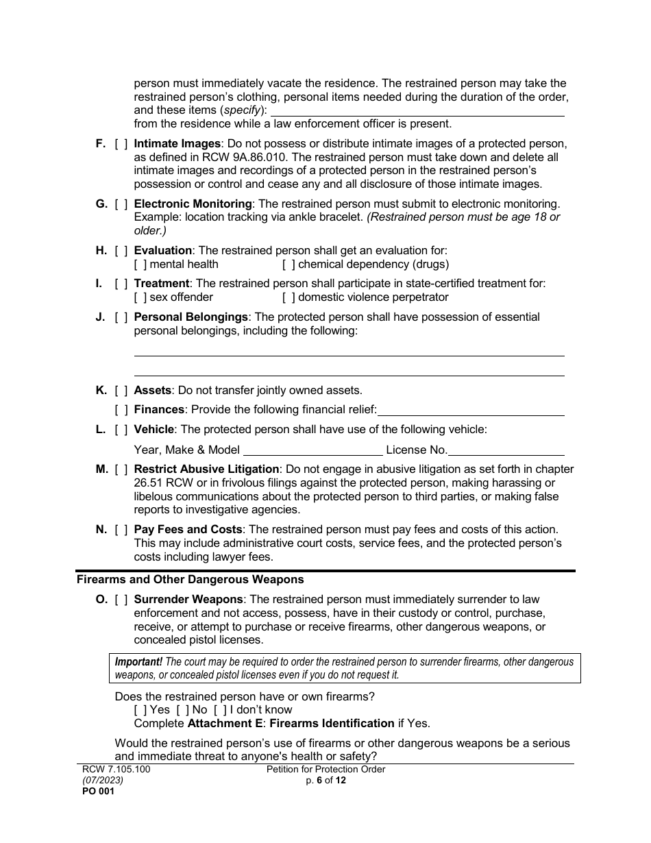 Form PO001 Petition for Protection Order - Washington, Page 6