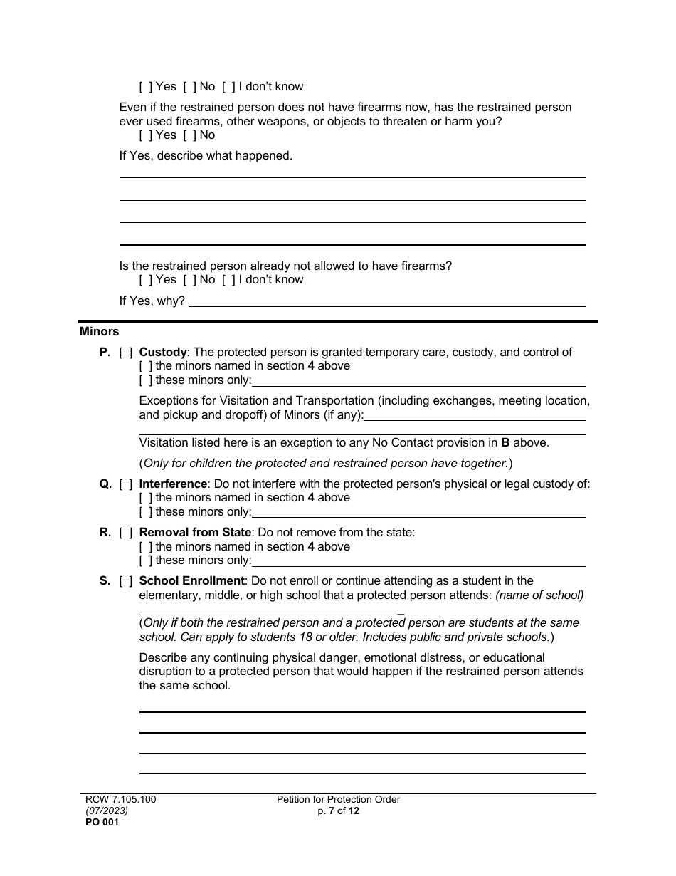 Form PO001 Petition for Protection Order - Washington, Page 7