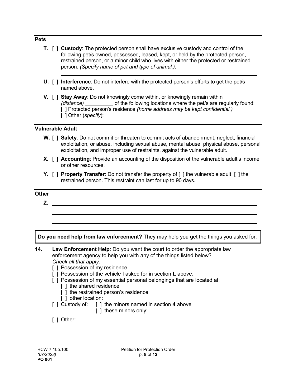 Form PO001 Petition for Protection Order - Washington, Page 8