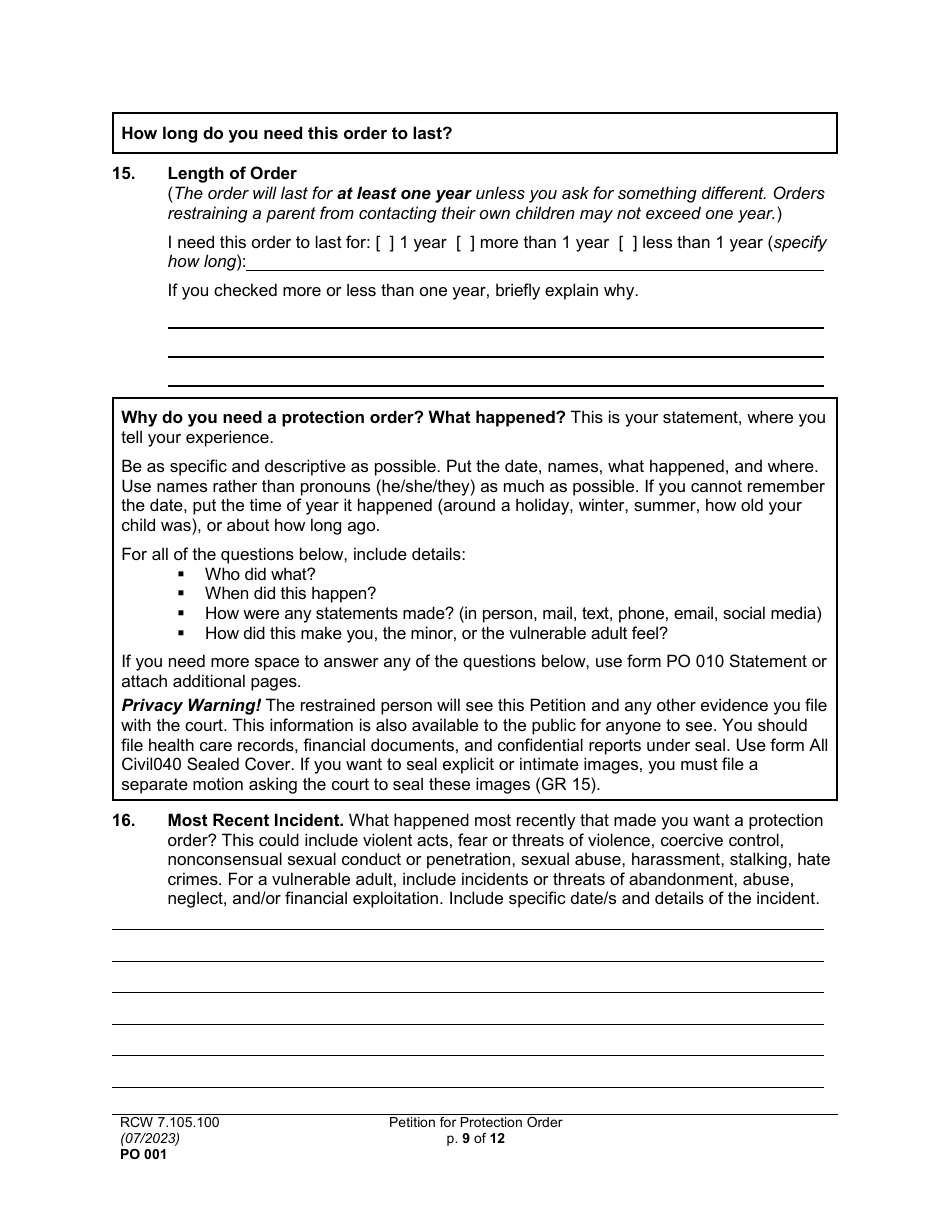 Form PO001 Petition for Protection Order - Washington, Page 9
