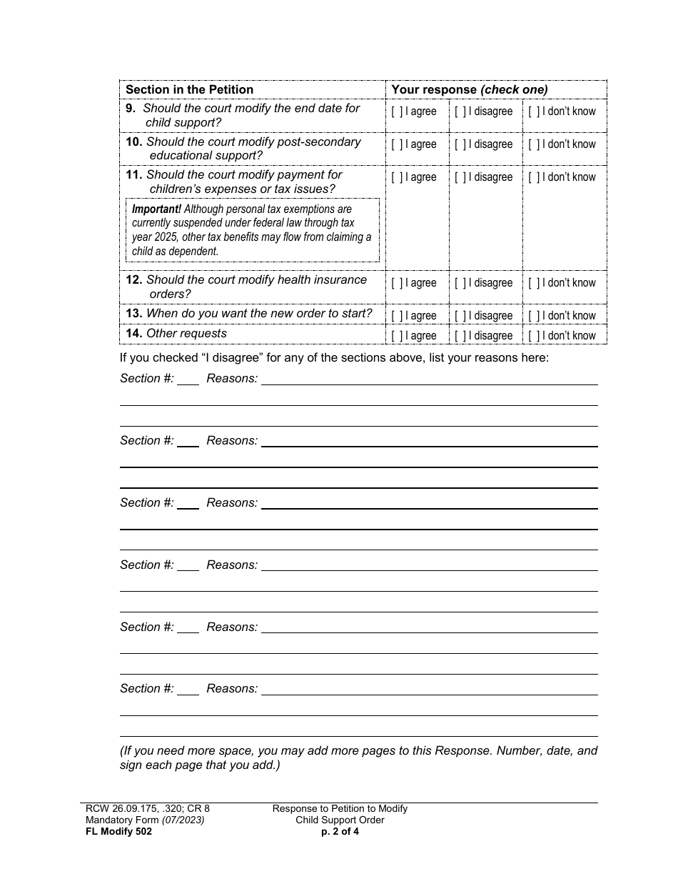 Form FL Modify502 Response to Petition to Modify Child Support Order - Washington, Page 2