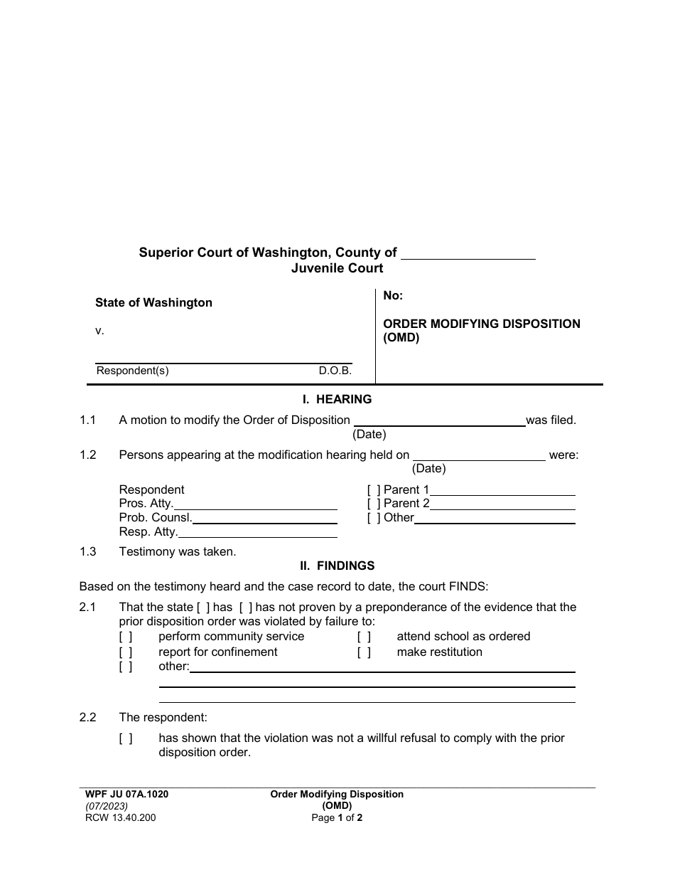 Form WPF JU07A.1020 Order Modifying Disposition (Omd) - Washington, Page 1
