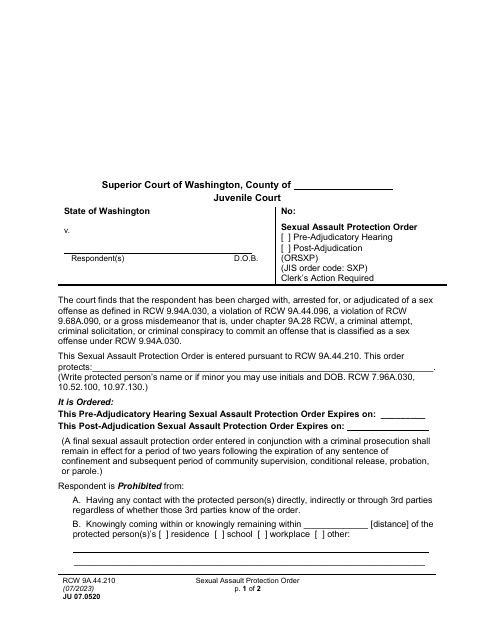 Form JU07.0520 Sexual Assault Protection Order - Washington