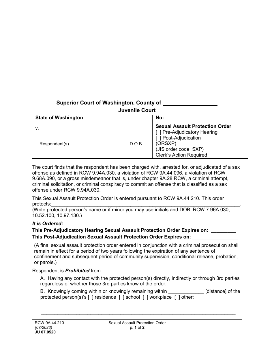 Form JU07.0520 Sexual Assault Protection Order - Washington, Page 1