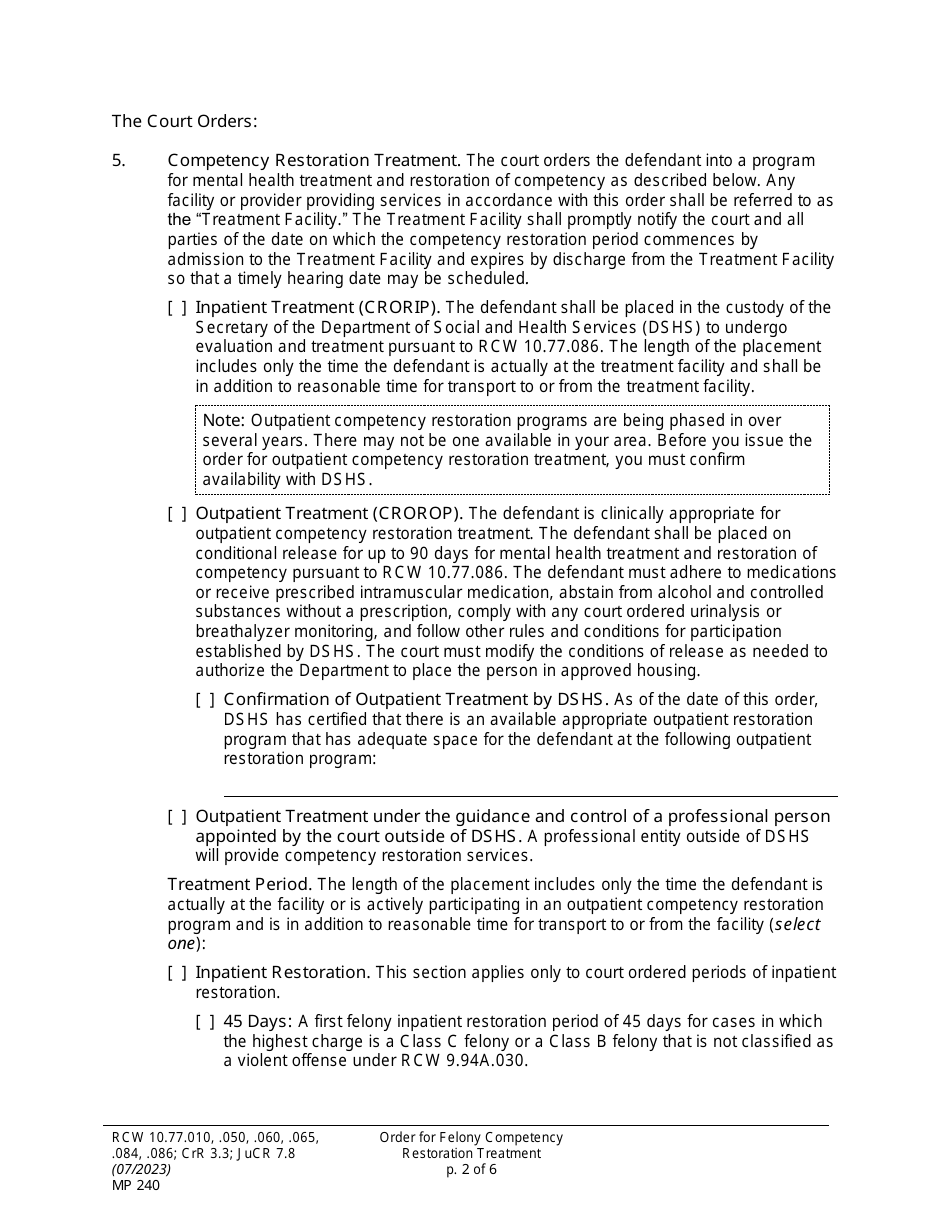 Form MP240 Order for Felony Competency Restoration Treatment (Crorip, Crorop) - Washington, Page 2