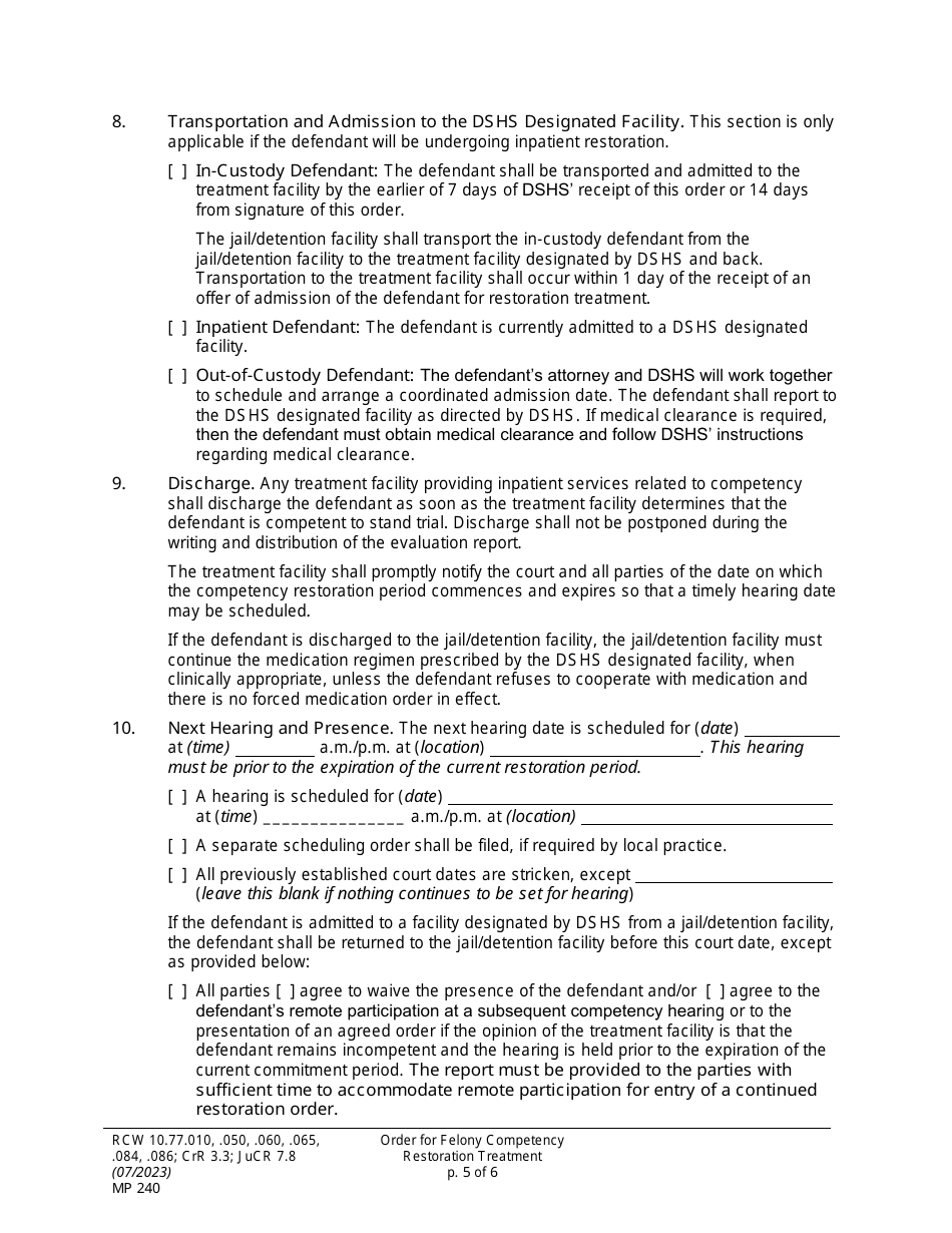 Form MP240 Order for Felony Competency Restoration Treatment (Crorip, Crorop) - Washington, Page 5