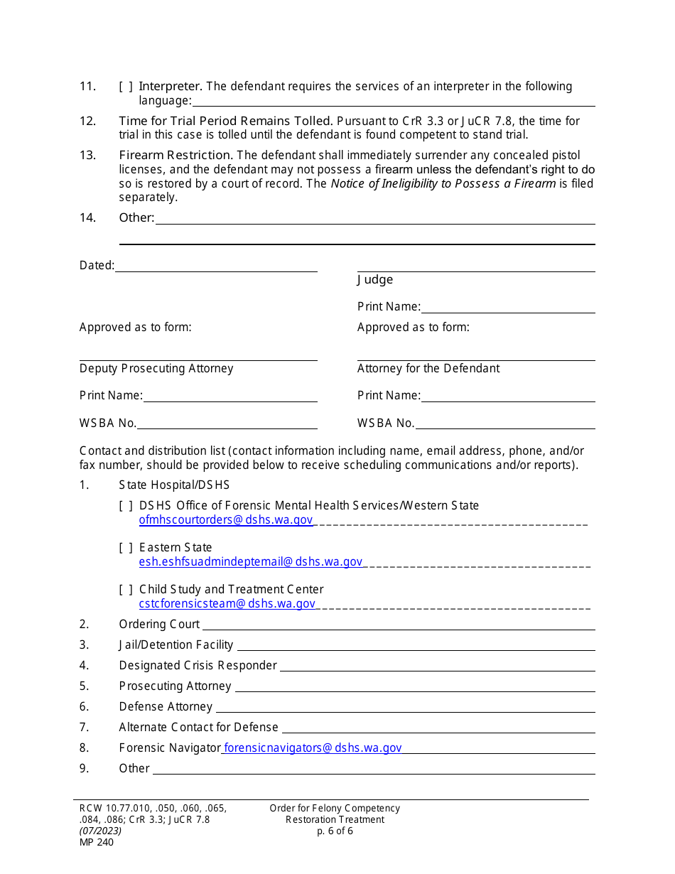 Form MP240 Order for Felony Competency Restoration Treatment (Crorip, Crorop) - Washington, Page 6