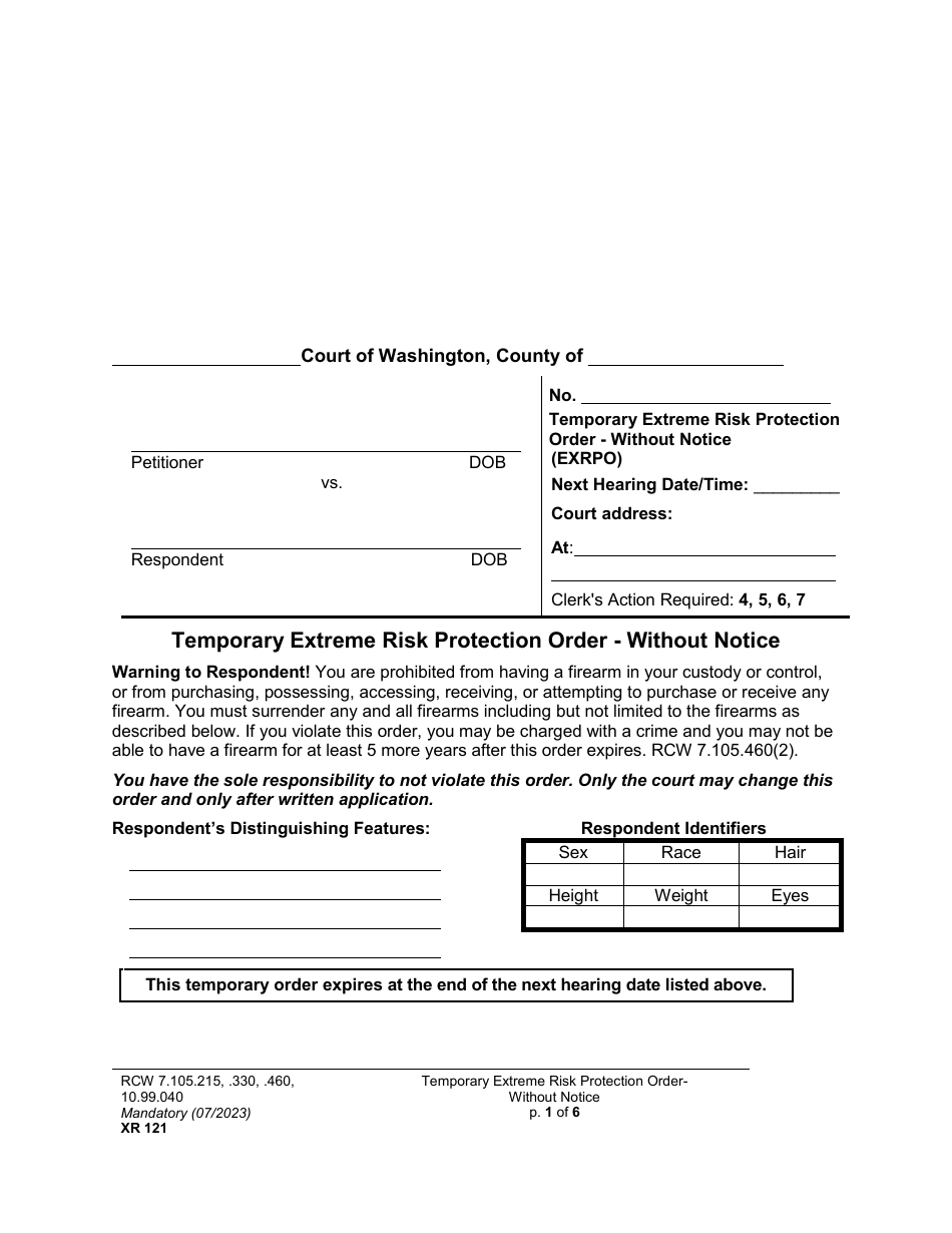 Form XR121 Temporary Extreme Risk Protection Order - Without Notice - Washington, Page 1
