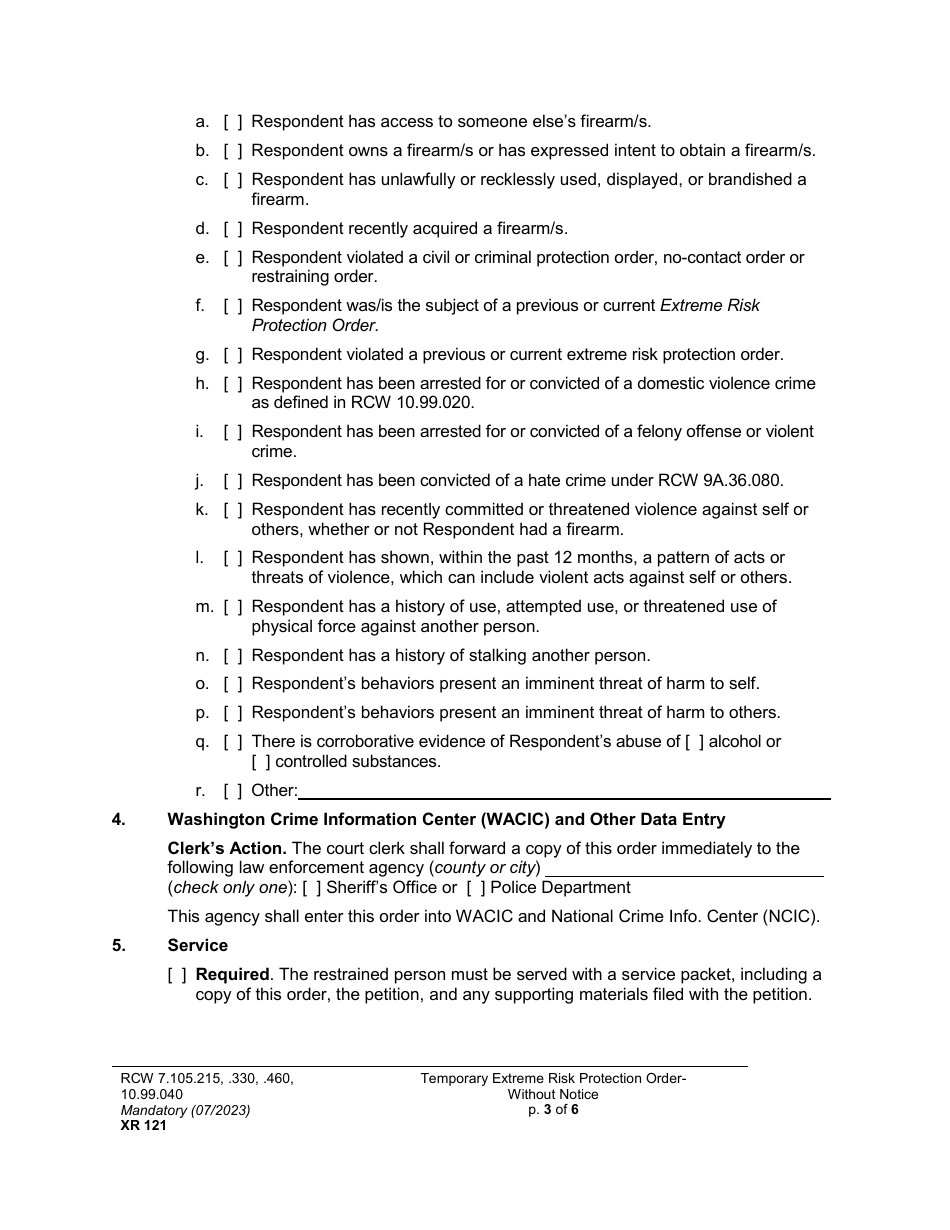 Form XR121 Temporary Extreme Risk Protection Order - Without Notice - Washington, Page 3