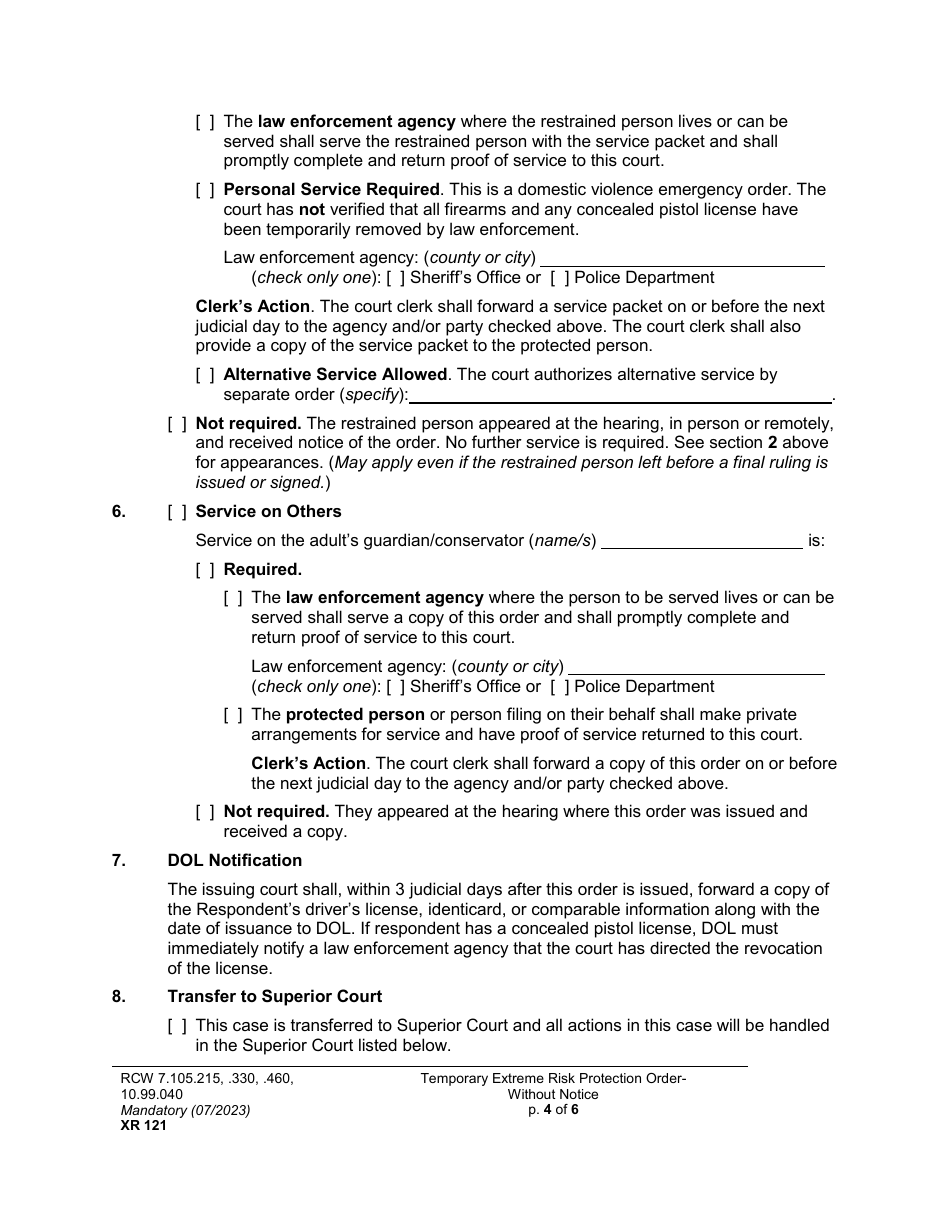 Form XR121 Temporary Extreme Risk Protection Order - Without Notice - Washington, Page 4