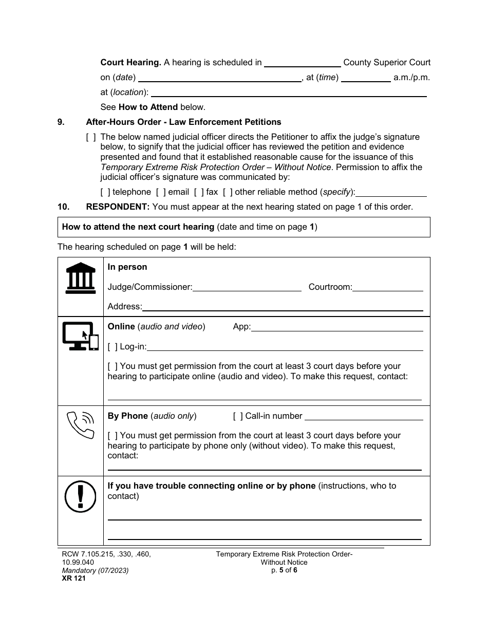 Form XR121 Temporary Extreme Risk Protection Order - Without Notice - Washington, Page 5