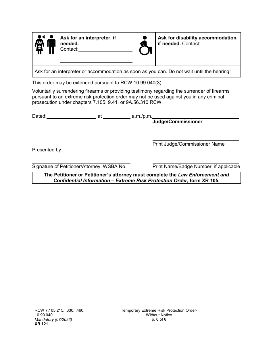 Form XR121 Temporary Extreme Risk Protection Order - Without Notice - Washington, Page 6