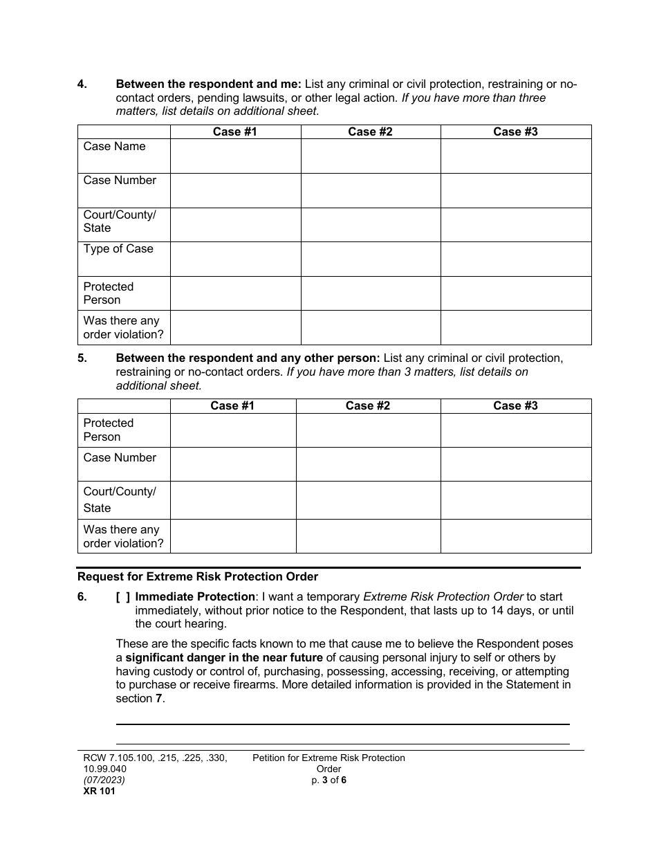 Form XR101 Petition for an Extreme Risk Protection Order - Washington, Page 3