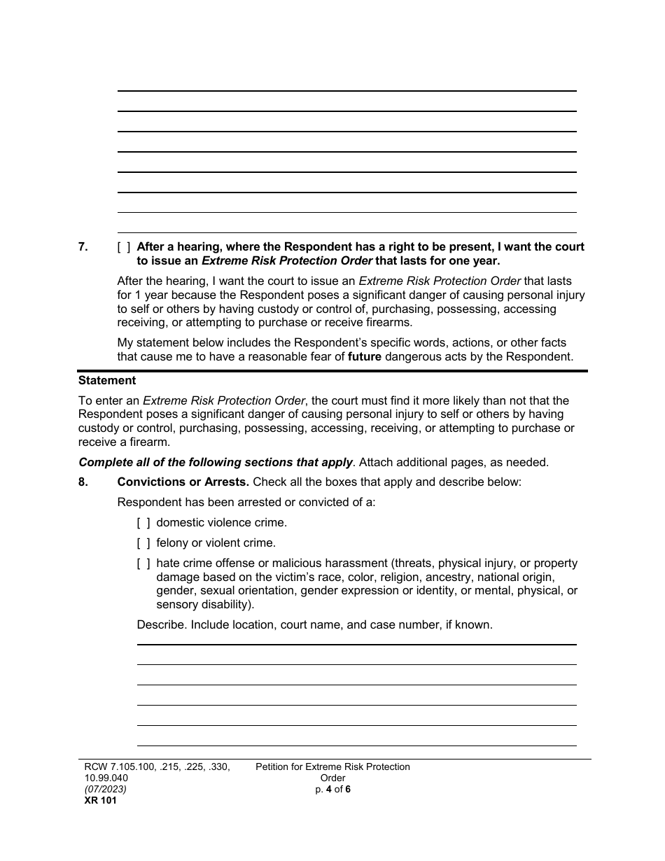 Form XR101 Petition for an Extreme Risk Protection Order - Washington, Page 4