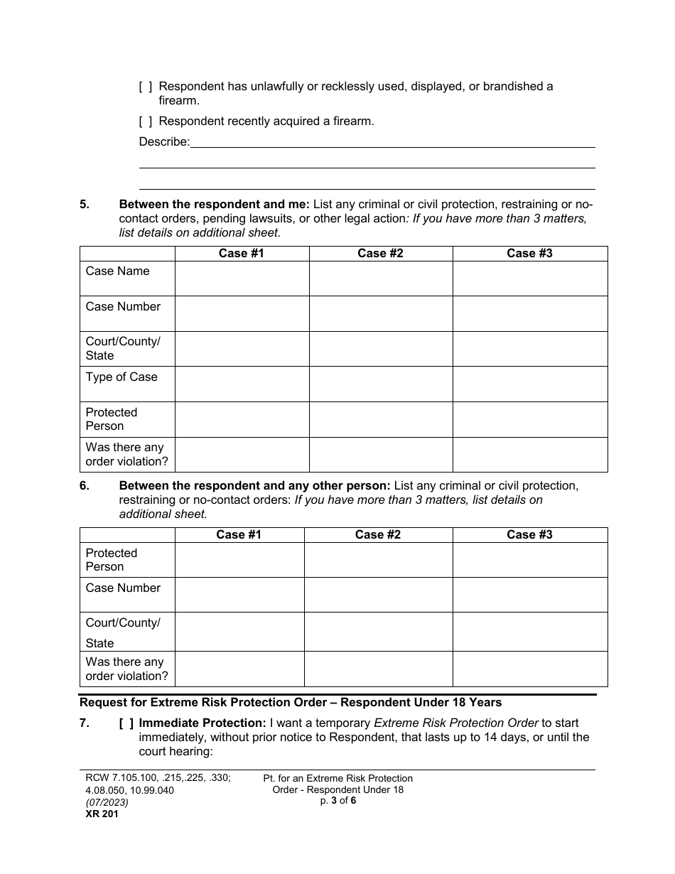Form XR201 Petition for an Extreme Risk Protection Order - Respondent Under 18 Years - Washington, Page 3