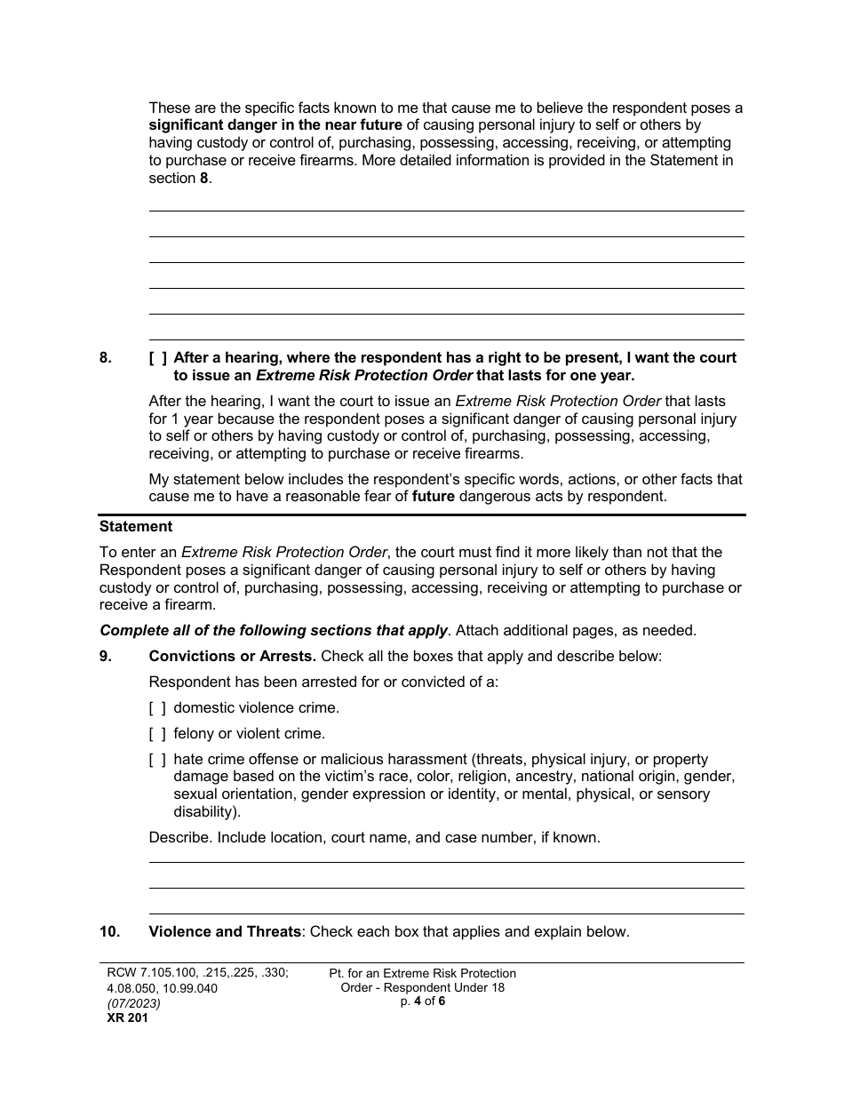 Form XR201 Petition for an Extreme Risk Protection Order - Respondent Under 18 Years - Washington, Page 4