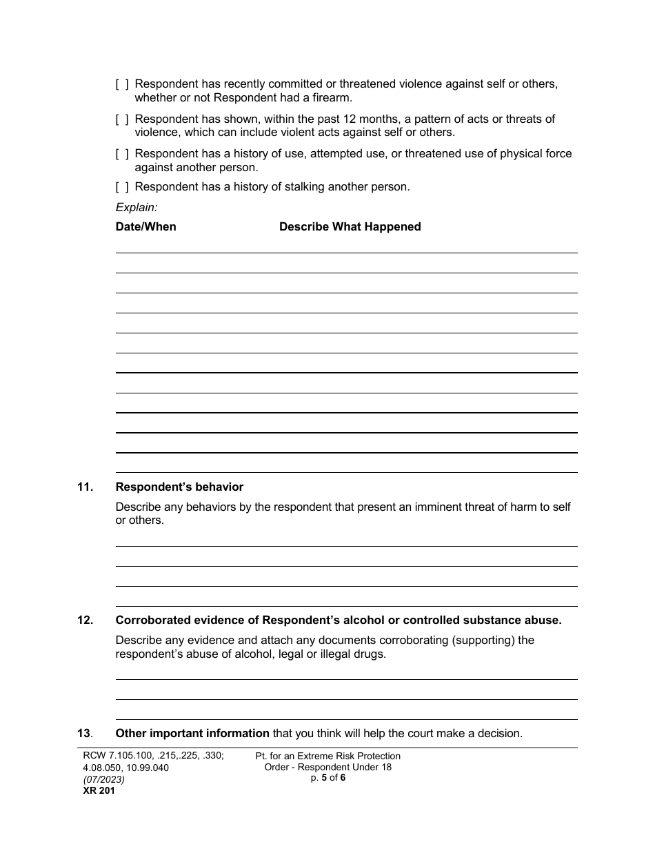 Form XR201 Petition for an Extreme Risk Protection Order - Respondent Under 18 Years - Washington, Page 5