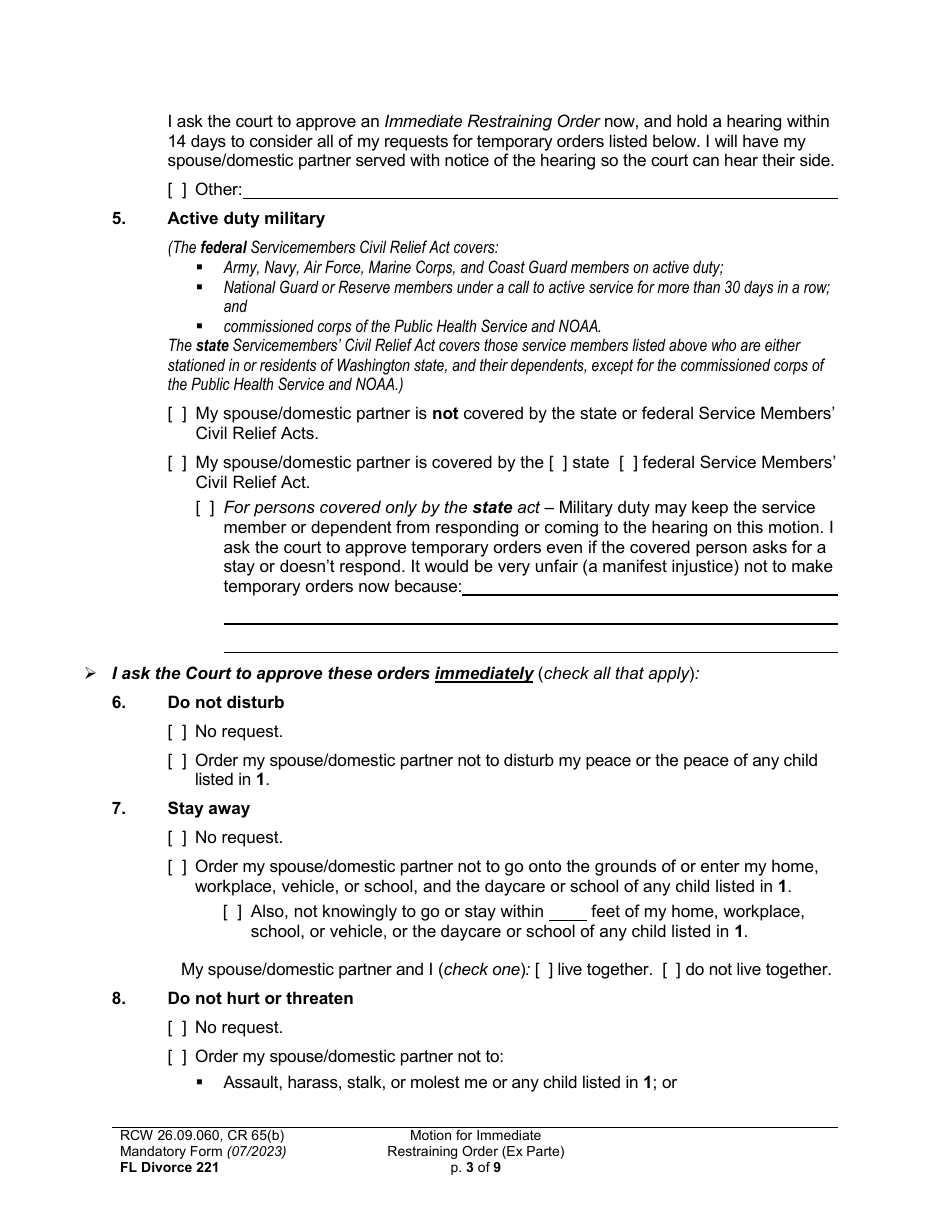 Form FL Divorce221 Motion for Immediate Restraining Order (Ex Parte) - Washington, Page 3