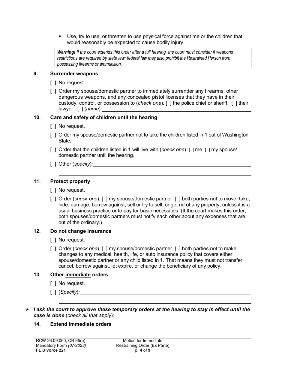 Form FL Divorce221 Motion for Immediate Restraining Order (Ex Parte) - Washington, Page 4