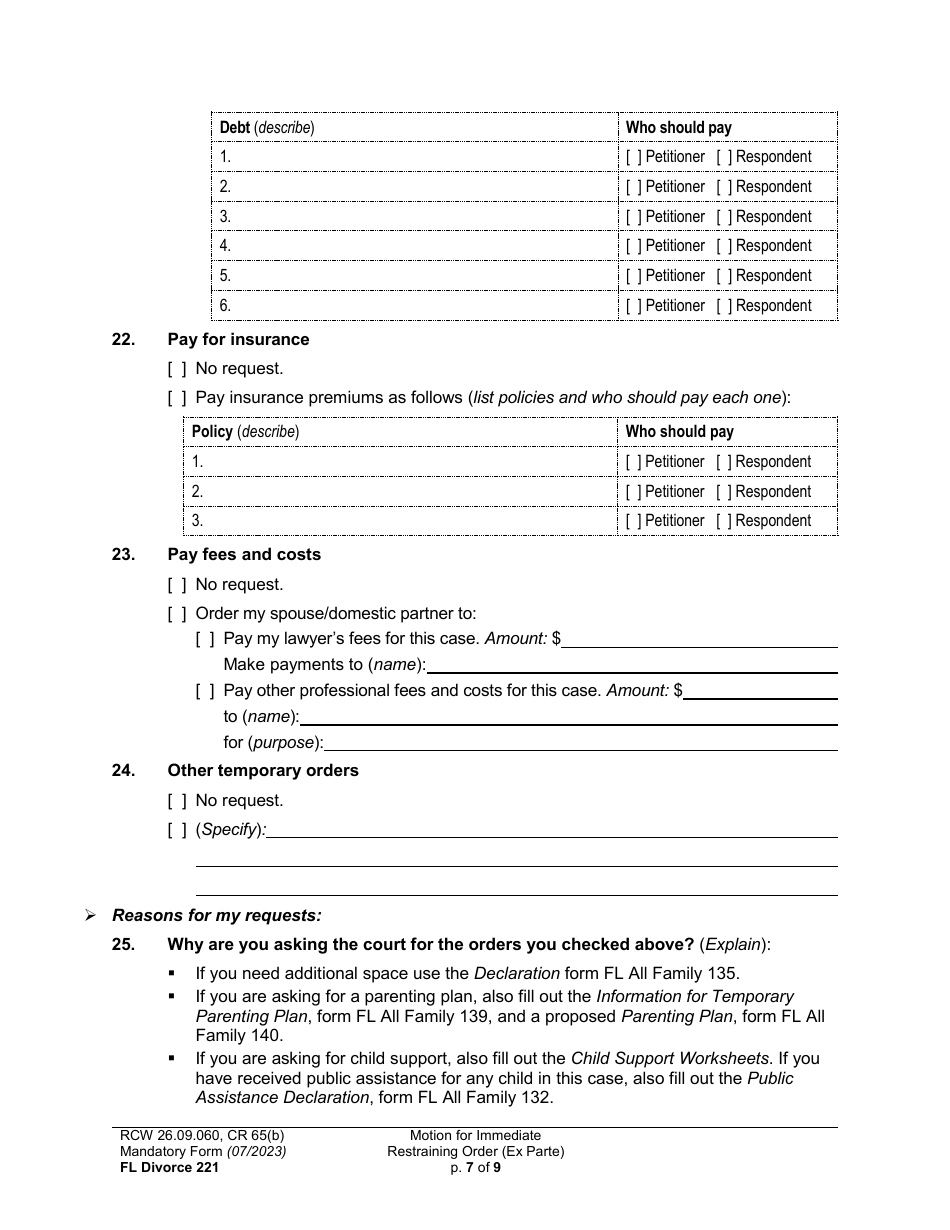 Form FL Divorce221 Motion for Immediate Restraining Order (Ex Parte) - Washington, Page 7