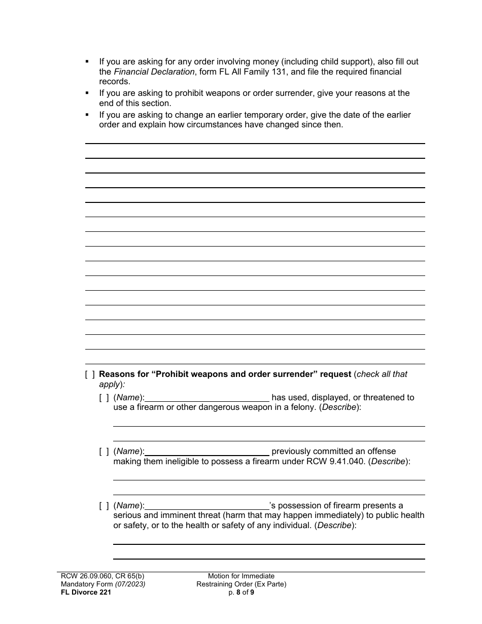 Form FL Divorce221 Motion for Immediate Restraining Order (Ex Parte) - Washington, Page 8