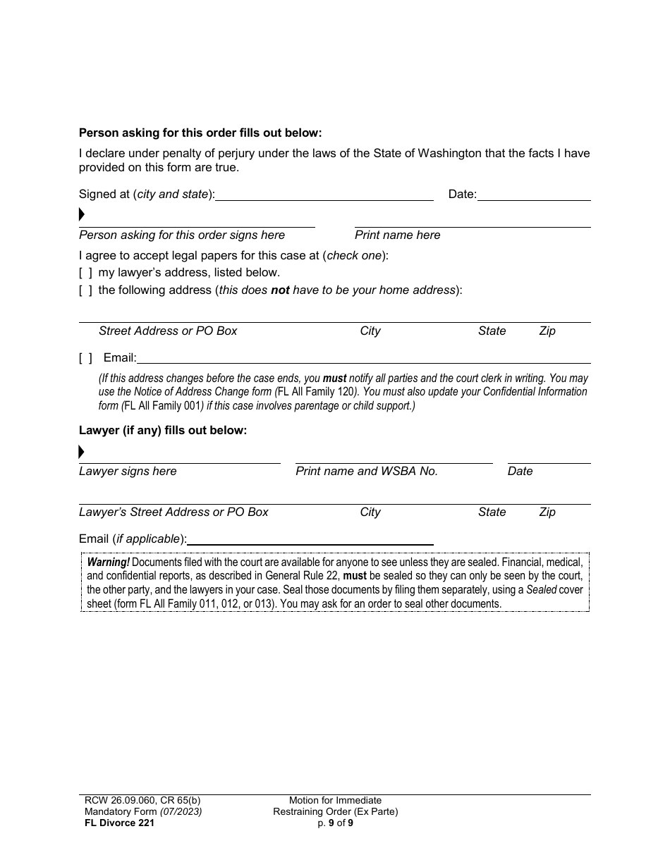 Form FL Divorce221 Motion for Immediate Restraining Order (Ex Parte) - Washington, Page 9