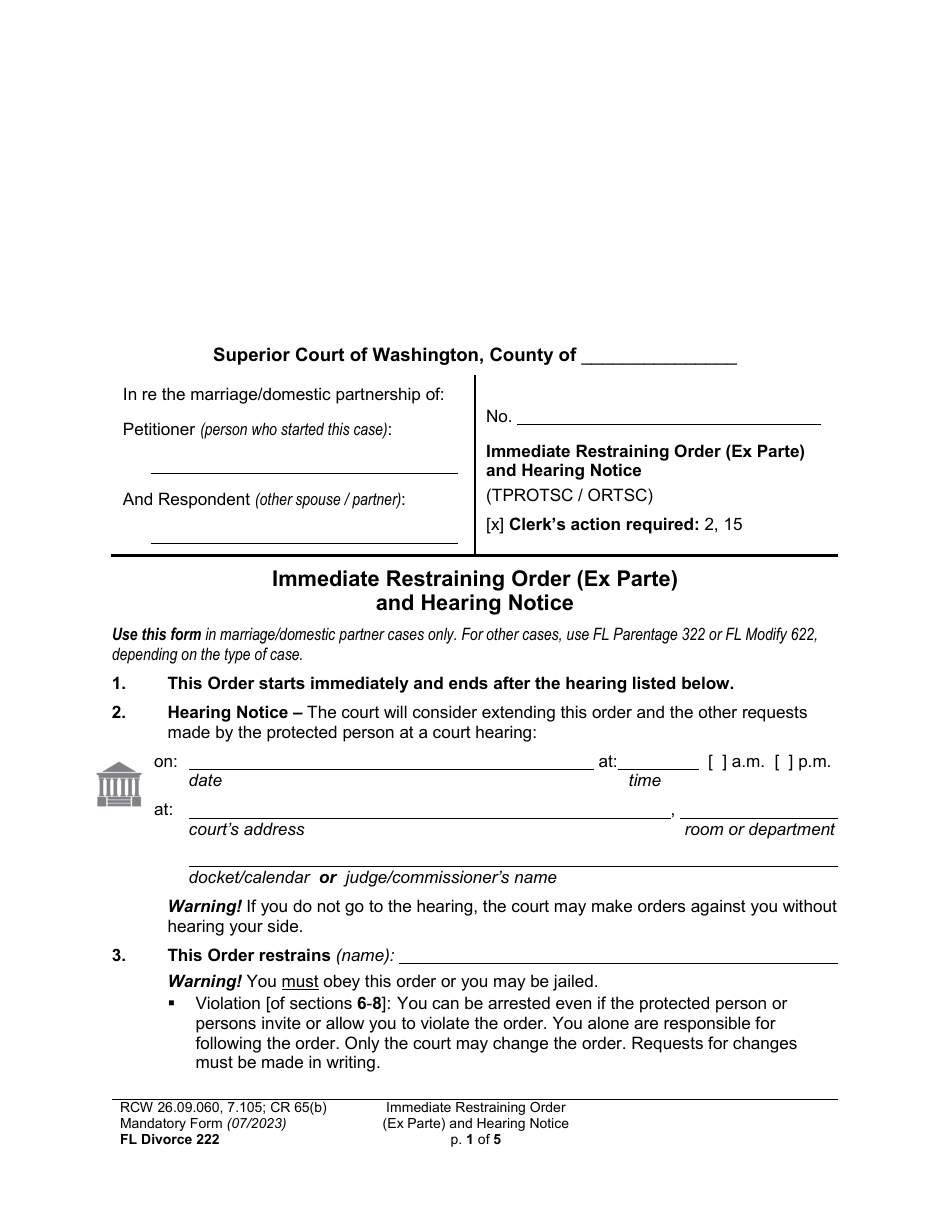 Form FL Divorce222 Immediate Restraining Order (Ex Parte) and Hearing Notice - Washington, Page 1