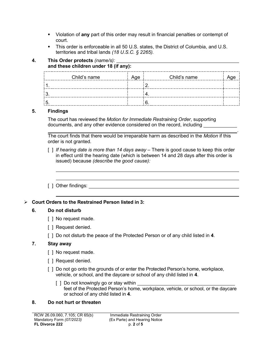 Form FL Divorce222 Immediate Restraining Order (Ex Parte) and Hearing Notice - Washington, Page 2