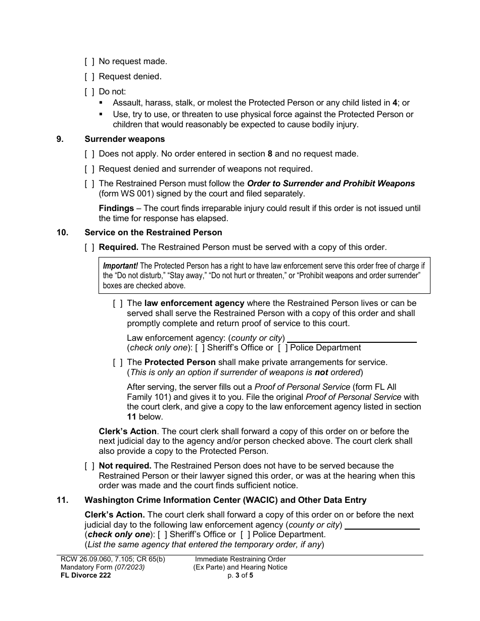 Form FL Divorce222 Immediate Restraining Order (Ex Parte) and Hearing Notice - Washington, Page 3