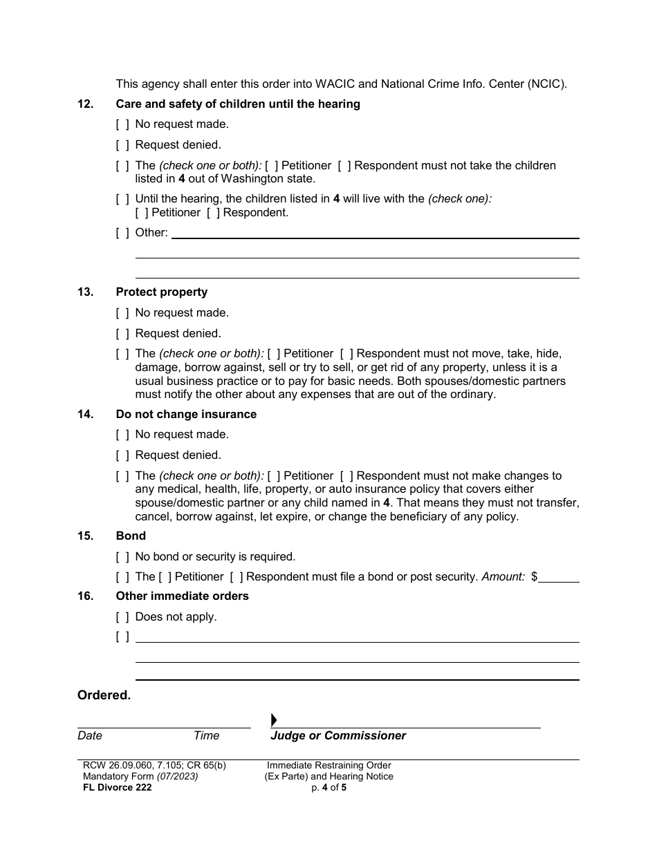 Form FL Divorce222 Immediate Restraining Order (Ex Parte) and Hearing Notice - Washington, Page 4