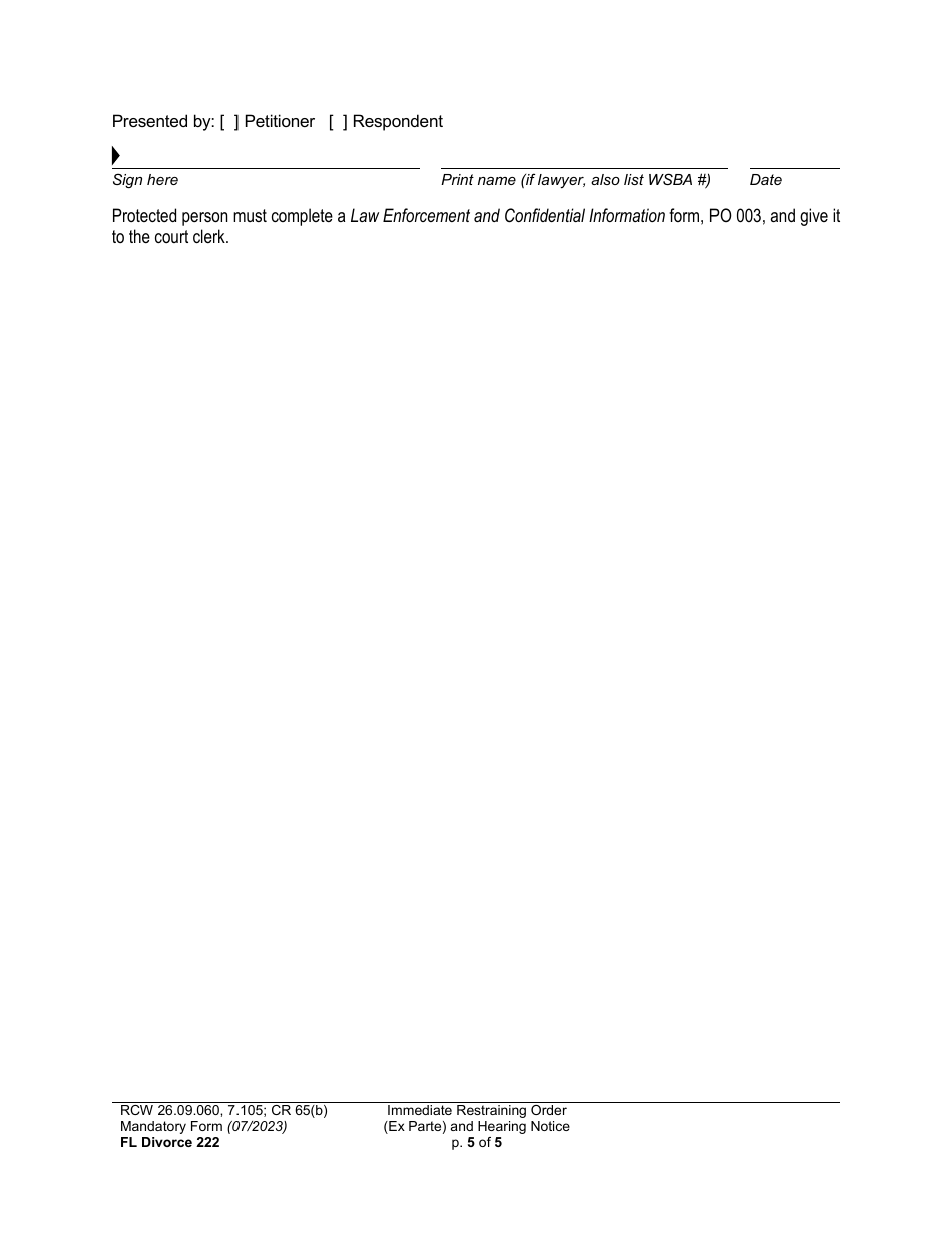 Form FL Divorce222 Immediate Restraining Order (Ex Parte) and Hearing Notice - Washington, Page 5
