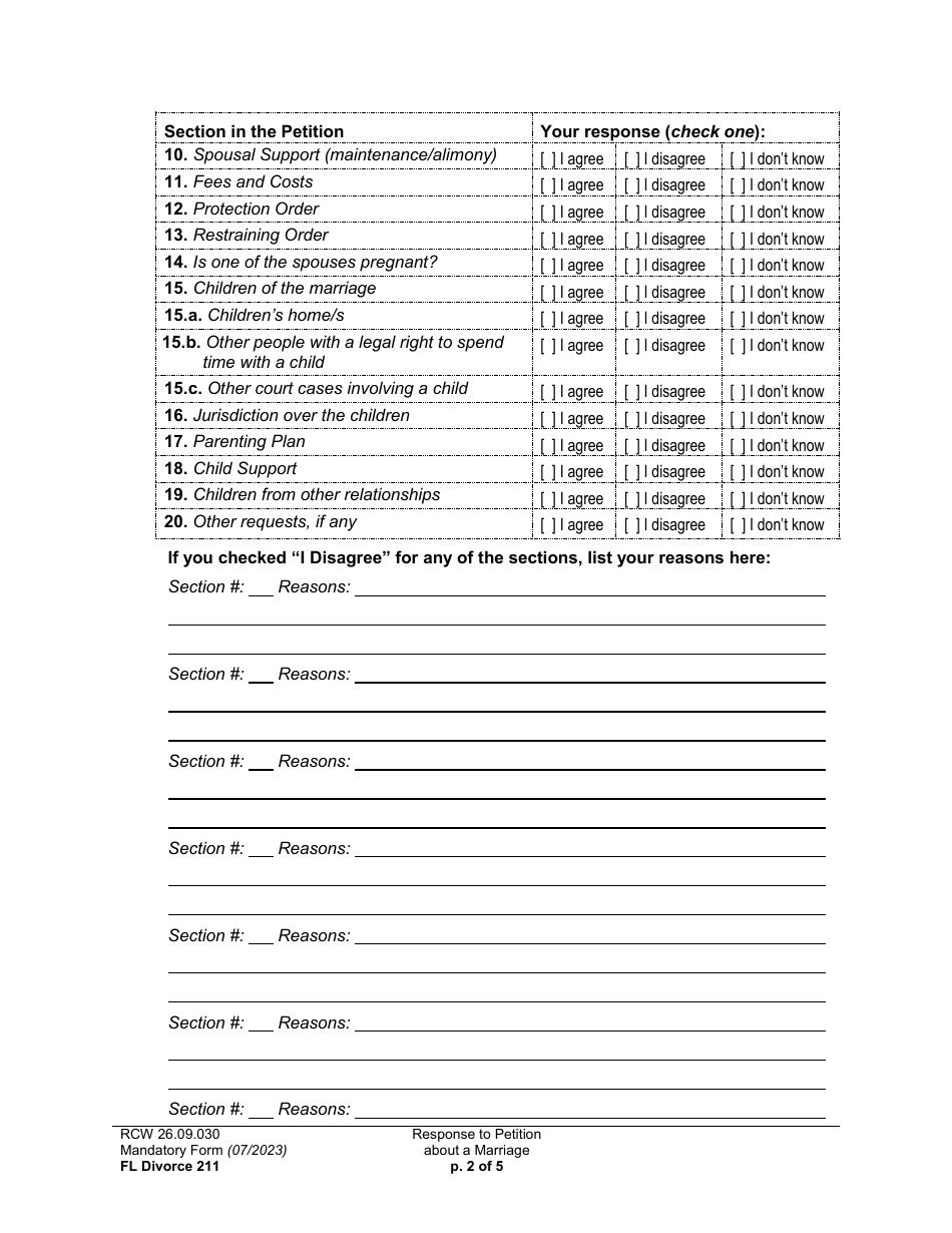 Form FL Divorce211 Response to Petition About a Marriage - Washington, Page 2