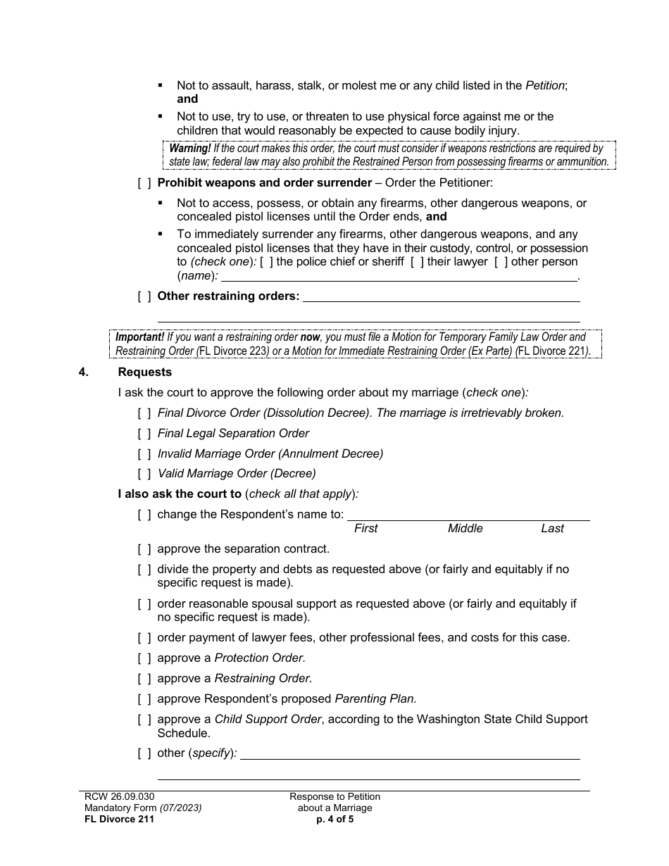 Form FL Divorce211 Response to Petition About a Marriage - Washington, Page 4