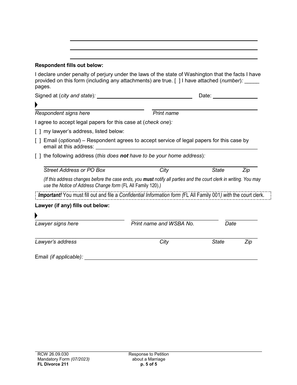Form FL Divorce211 Response to Petition About a Marriage - Washington, Page 5
