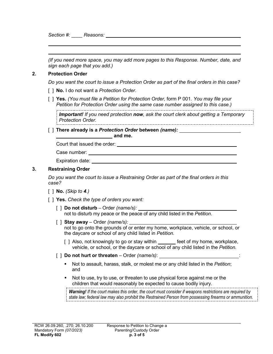 Form FL Modify602 Response to Petition to Change a Parenting Plan, Residential Schedule or Custody Order - Washington, Page 3