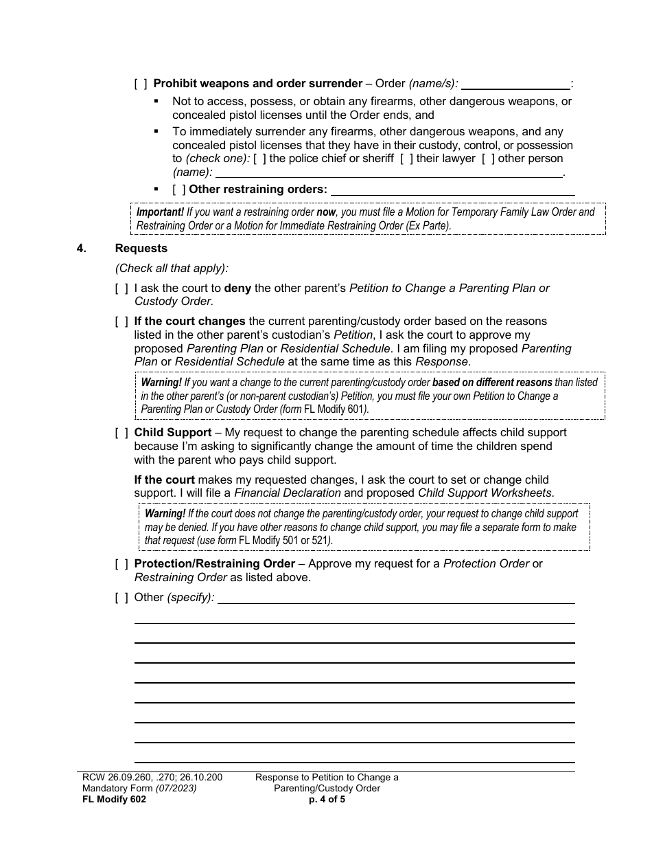 Form FL Modify602 Response to Petition to Change a Parenting Plan, Residential Schedule or Custody Order - Washington, Page 4
