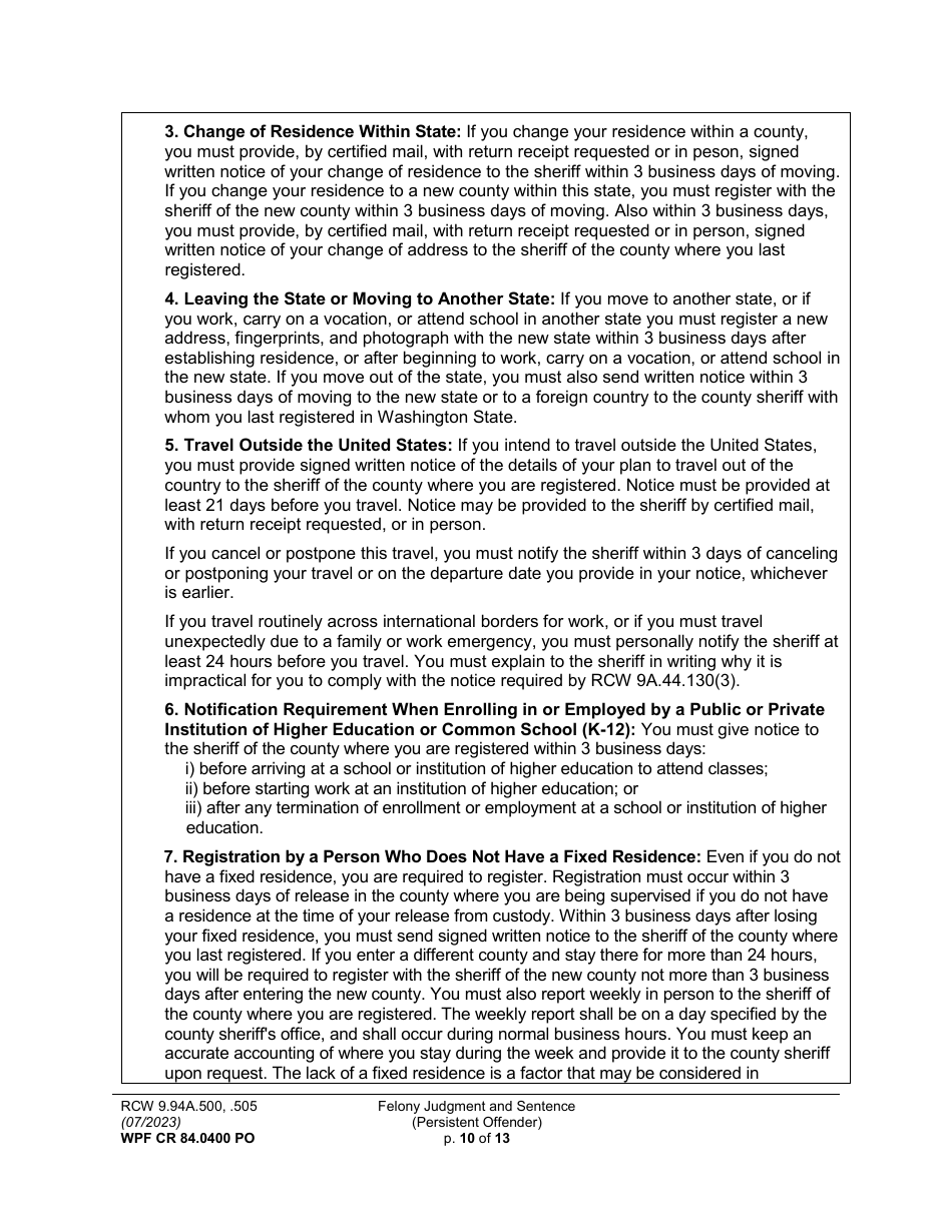 Form WPF CR84.0400 PO Felony Judgment and Sentence - Persistent Offender - Washington, Page 10