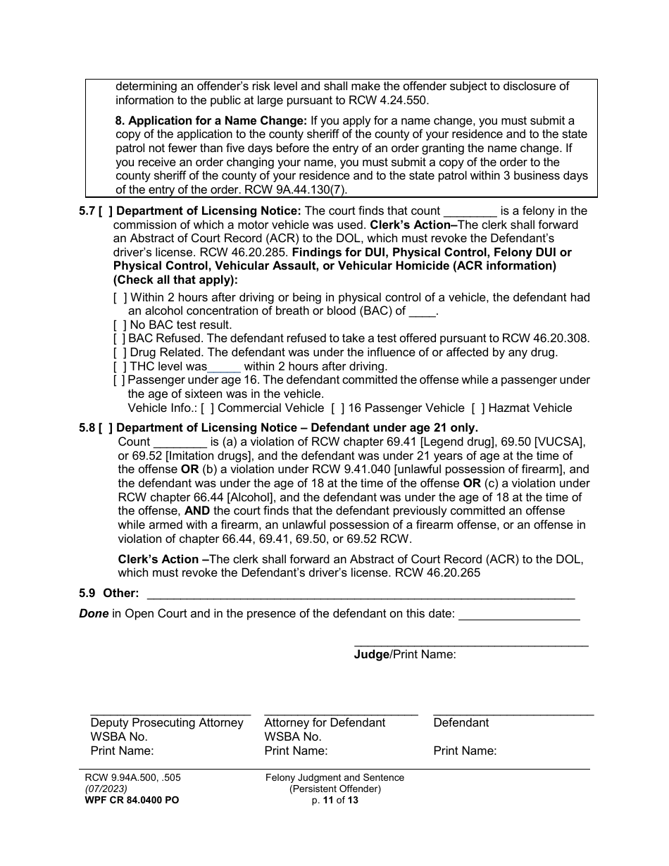 Form WPF CR84.0400 PO Felony Judgment and Sentence - Persistent Offender - Washington, Page 11